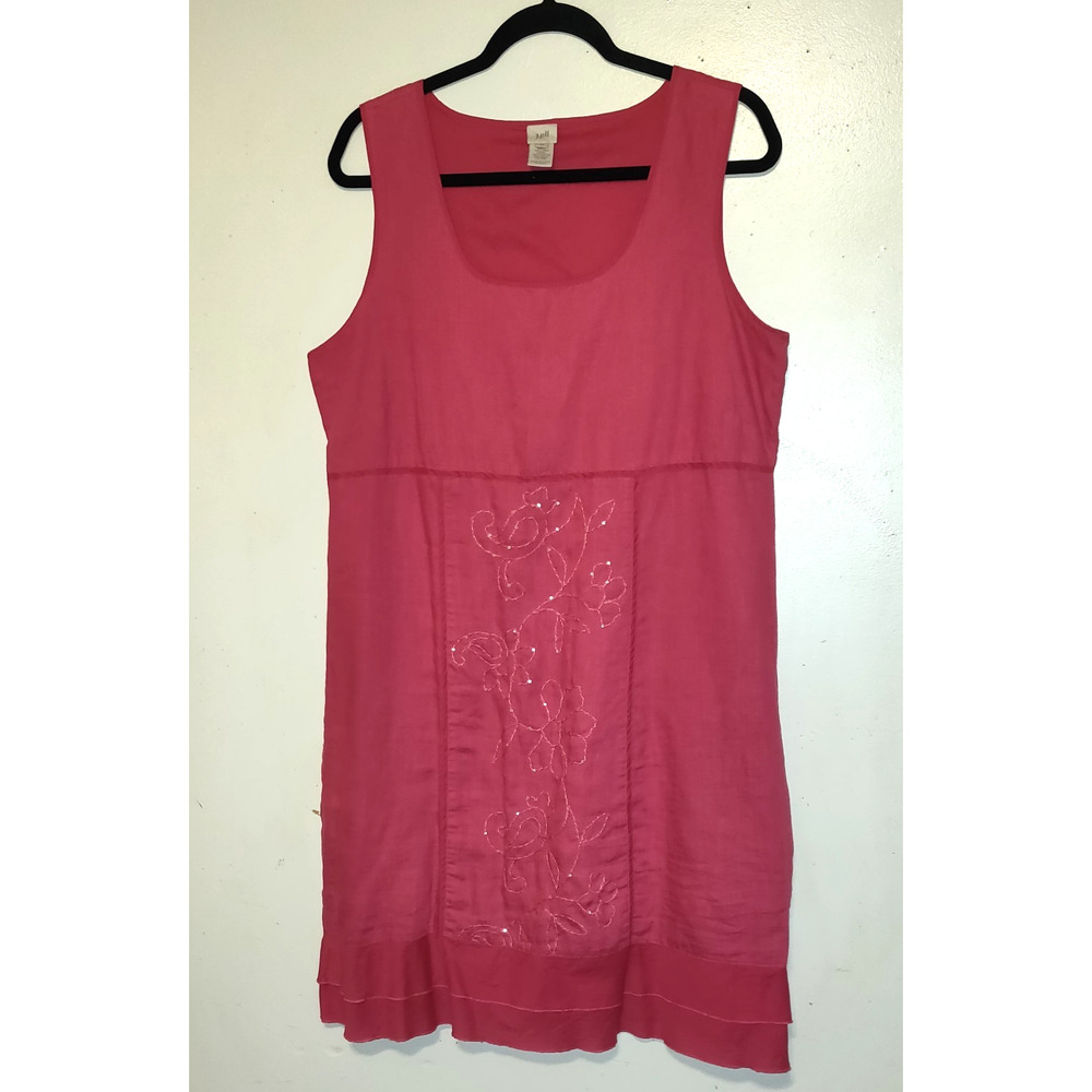 J Jill Red Linen Dress Women's 14 Embroidered Vacation Resort Wear Jumper Nice!
